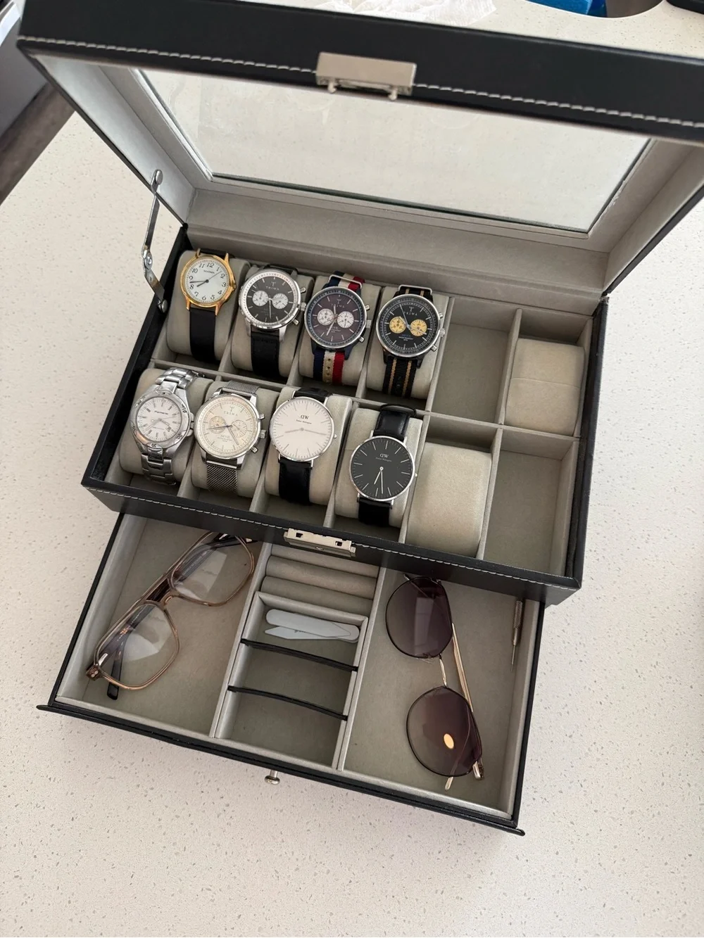 Black Leather Travel Accessory Case with Silver Hardware